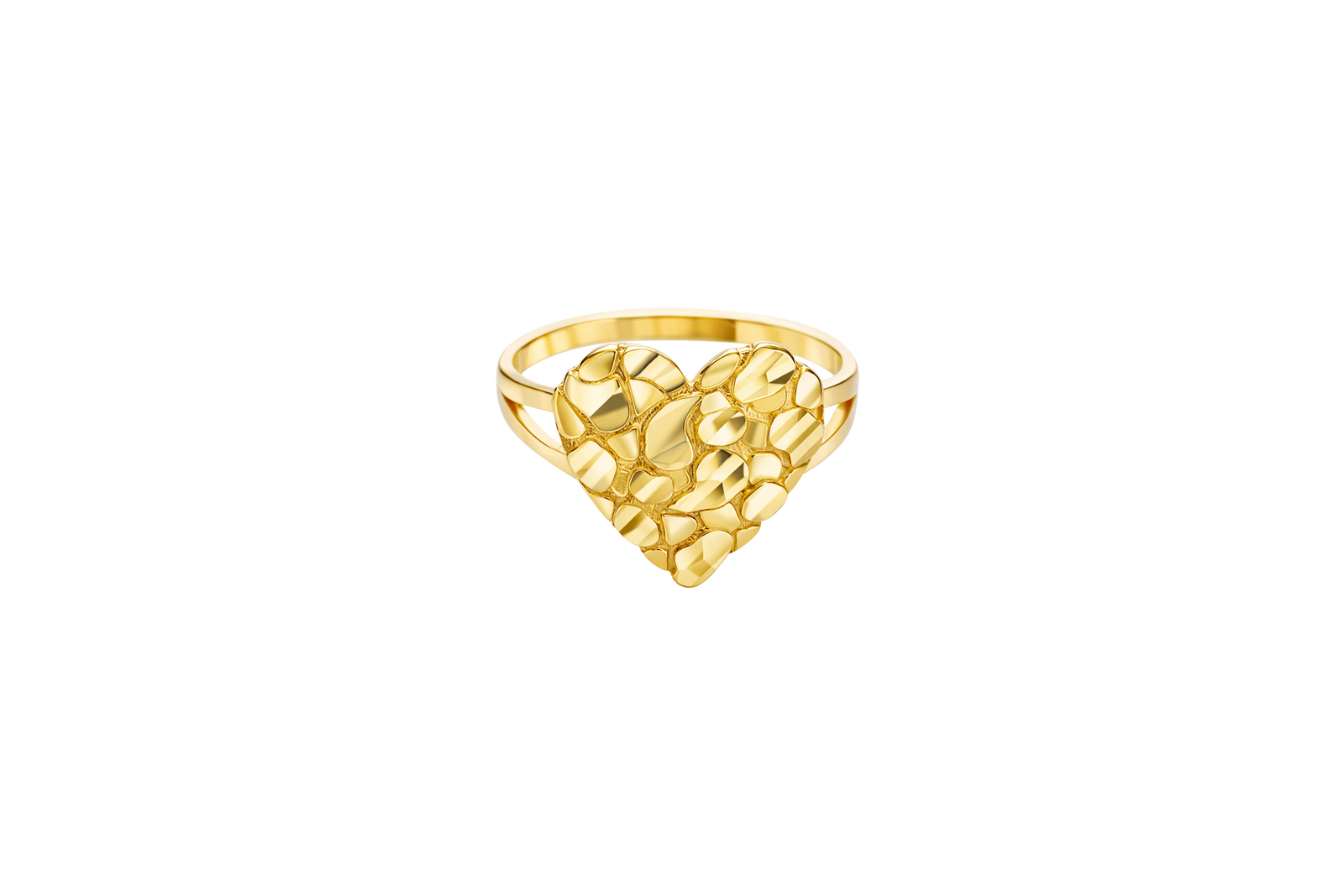 14KT Gold Ring Women's Medium Nugget Heart Shape with Plain Split Band