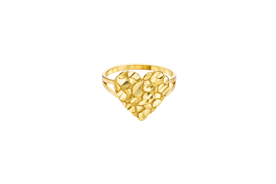 14KT Gold Ring Women's Medium Nugget Heart Shape with Plain Split Band