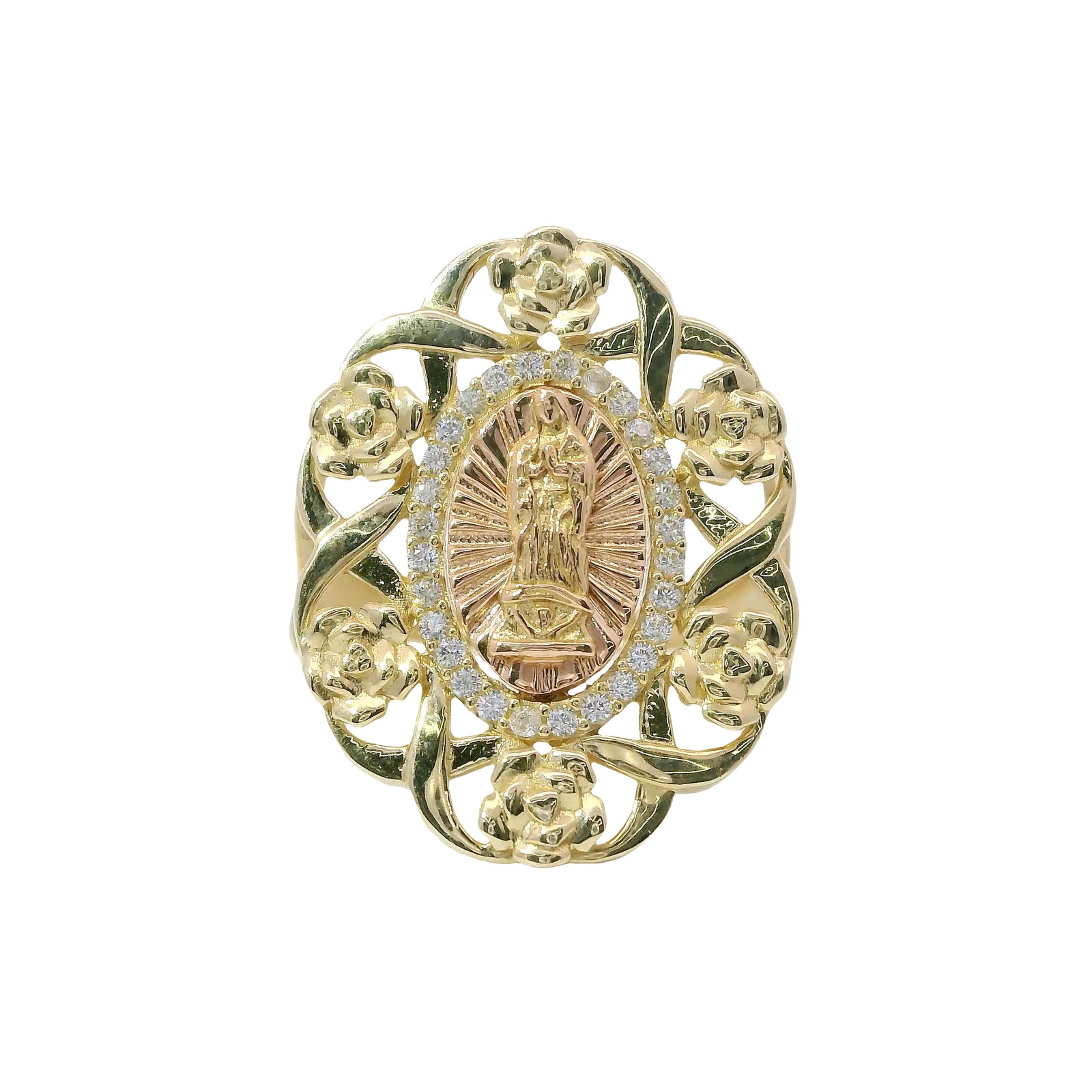 14KT Gold Ring Women's Two Tone Oval Virgin Mary Sunray Center with White CZ Stones Border Floral Ribbon Border Split Band
