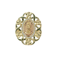 14KT Gold Ring Women's Two Tone Oval Virgin Mary Sunray Center with White CZ Stones Border Floral Ribbon Border Split Band