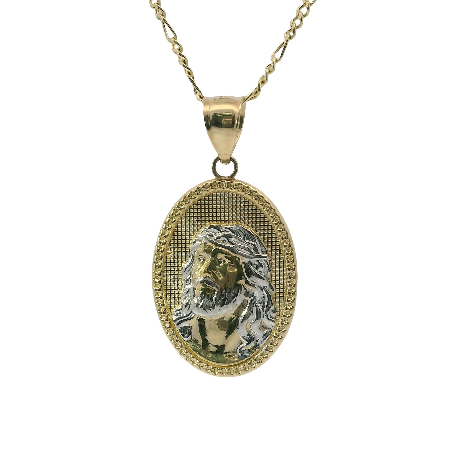 14KT Gold Charm Medium Oval Two Tone Jesus Coin with Beaded Border and Plain Bell