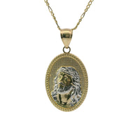 14KT Gold Charm Medium Oval Two Tone Jesus Coin with Beaded Border and Plain Bell