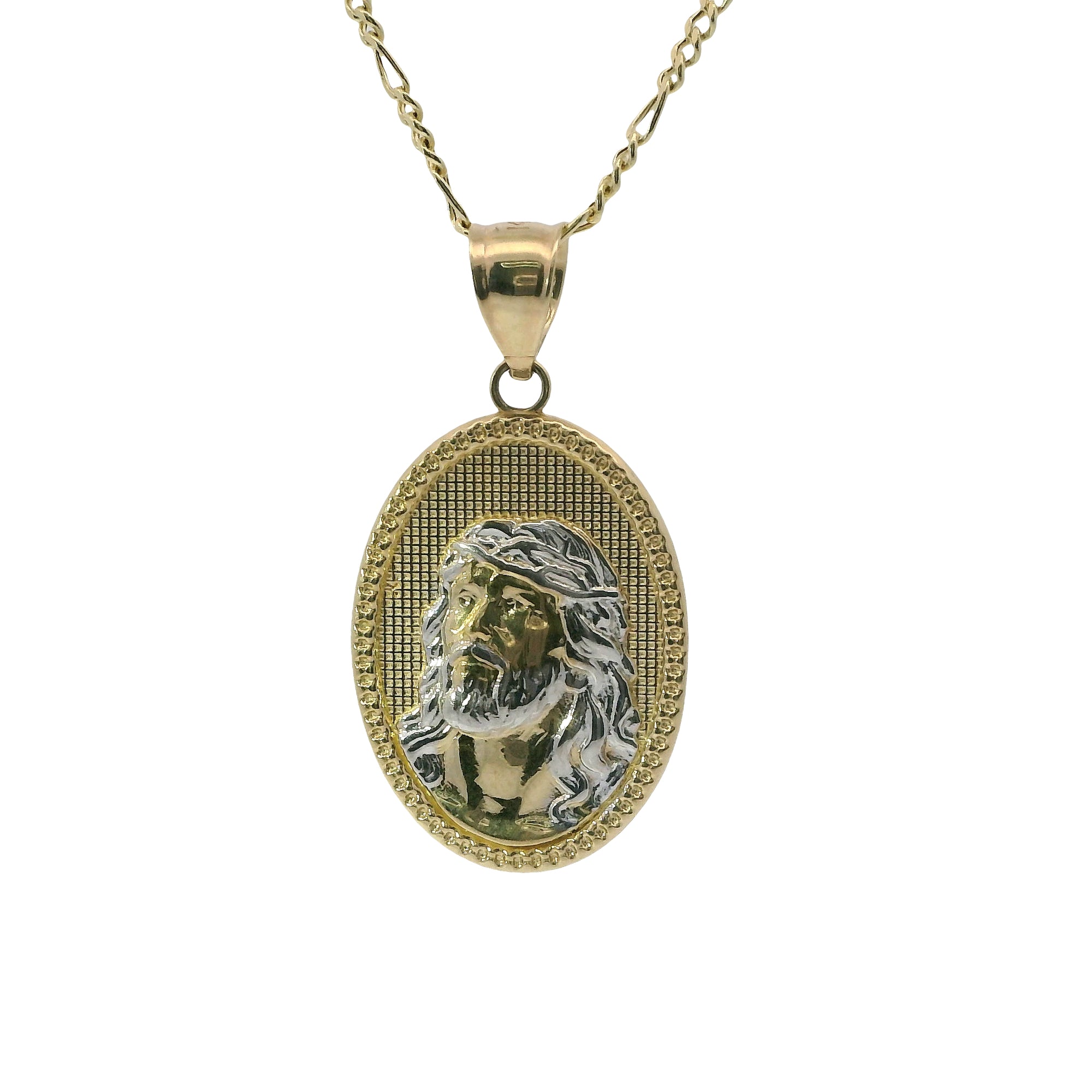 14KT Gold Charm Medium Oval Two Tone Jesus Coin with Beaded Border and Plain Bell