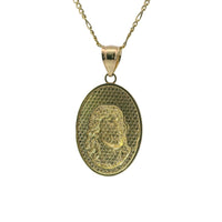 14KT Gold Charm Medium Oval Two Tone Jesus Coin with Beaded Border and Plain Bell