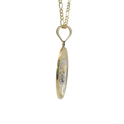 14KT Gold Charm Medium Oval Two Tone Jesus Coin with Beaded Border and Plain Bell