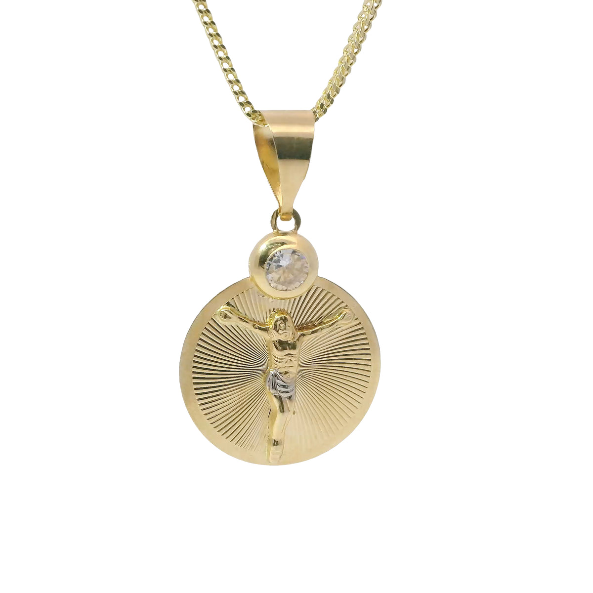 14KT Gold Charm Medium Two Tone Round Sunray Crucifix Coin with White CZ Stone Top and Plain Bell