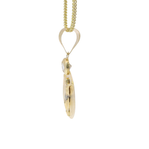 14KT Gold Charm Medium Two Tone Round Sunray Crucifix Coin with White CZ Stone Top and Plain Bell
