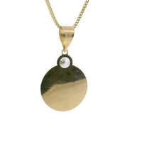 14KT Gold Charm Medium Two Tone Round Sunray Crucifix Coin with White CZ Stone Top and Plain Bell