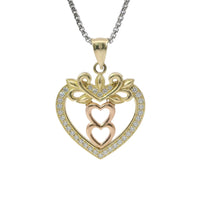 14KT Gold Charm Jumbo Two Tone White CZ Stone Open Heart Outline with Two Plain Rose Gold Open Heart Center and Plain Bell