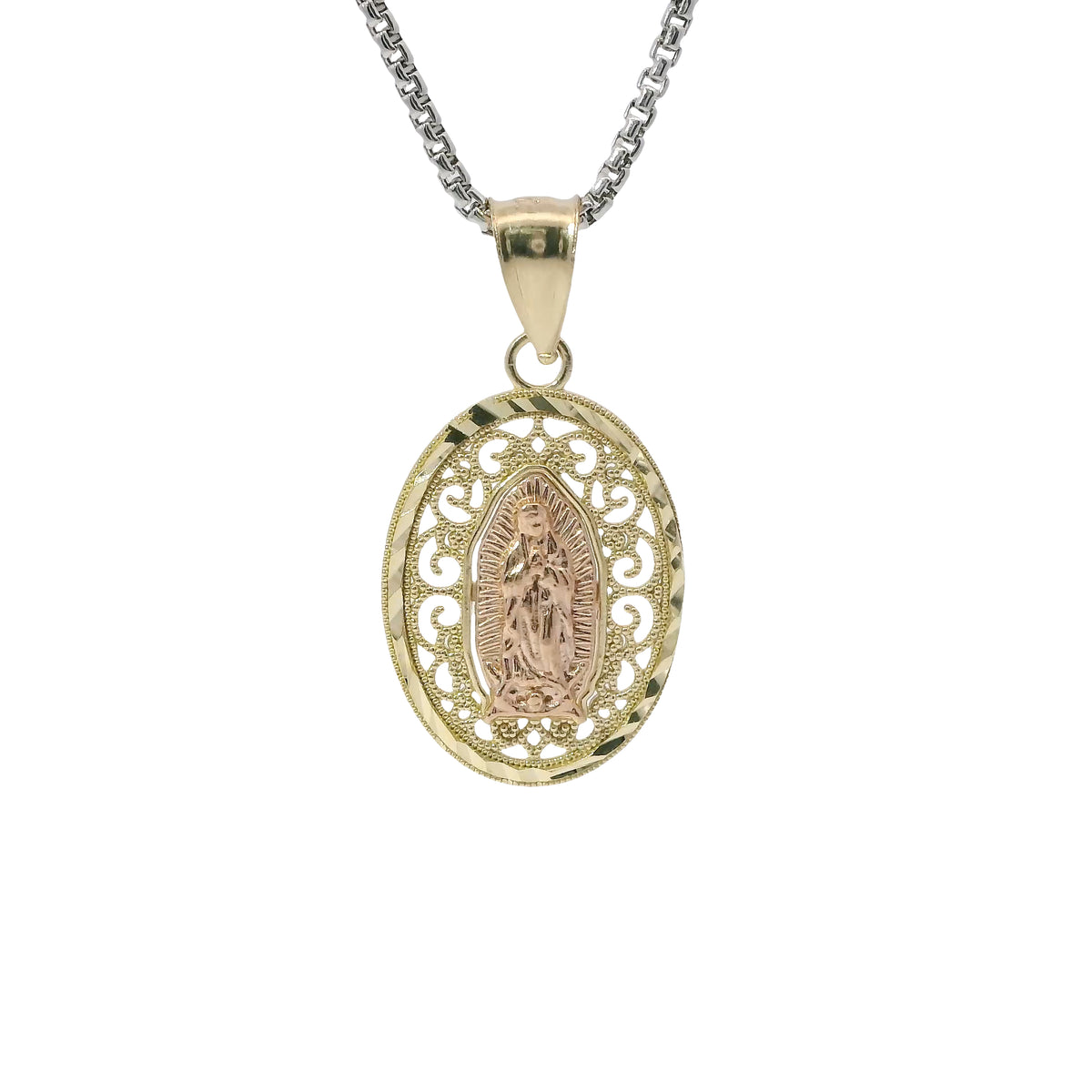 14KT Gold Charm Small Two Tone Open Swirl Oval Virgin Mary with Diamond Cut Edge and Plain Bell