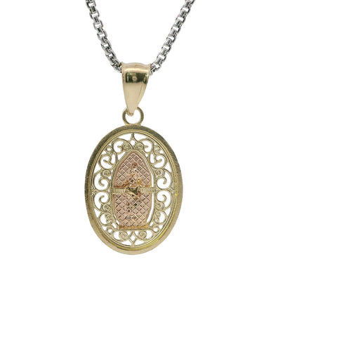 14KT Gold Charm Small Two Tone Open Swirl Oval Virgin Mary with Diamond Cut Edge and Plain Bell