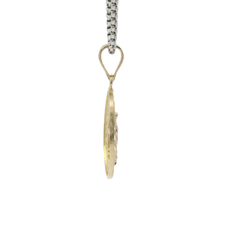 14KT Gold Charm Small Two Tone Open Swirl Oval Virgin Mary with Diamond Cut Edge and Plain Bell