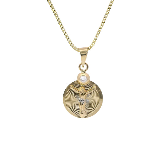 14KT Gold Charm Small Two Tone Round Sunray Crucifix Coin with White CZ Stone Top and Plain Bell