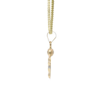 14KT Gold Charm Small Two Tone Round Sunray Crucifix Coin with White CZ Stone Top and Plain Bell