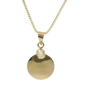 14KT Gold Charm Small Two Tone Round Sunray Crucifix Coin with White CZ Stone Top and Plain Bell