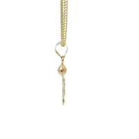 14KT Gold Charm Small Two Tone Round Sunray Crucifix Coin with White CZ Stone Top and Plain Bell