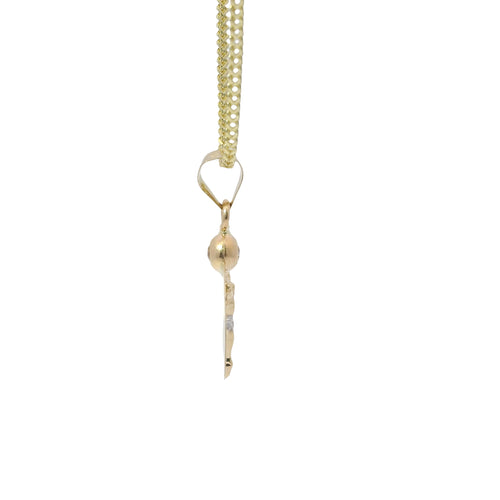 14KT Gold Charm Small Two Tone Round Sunray Crucifix Coin with White CZ Stone Top and Plain Bell