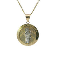 14KT Gold Charm Large Two Tone St Jude Coin with "PRAY FOR US" Border and Plain Bell