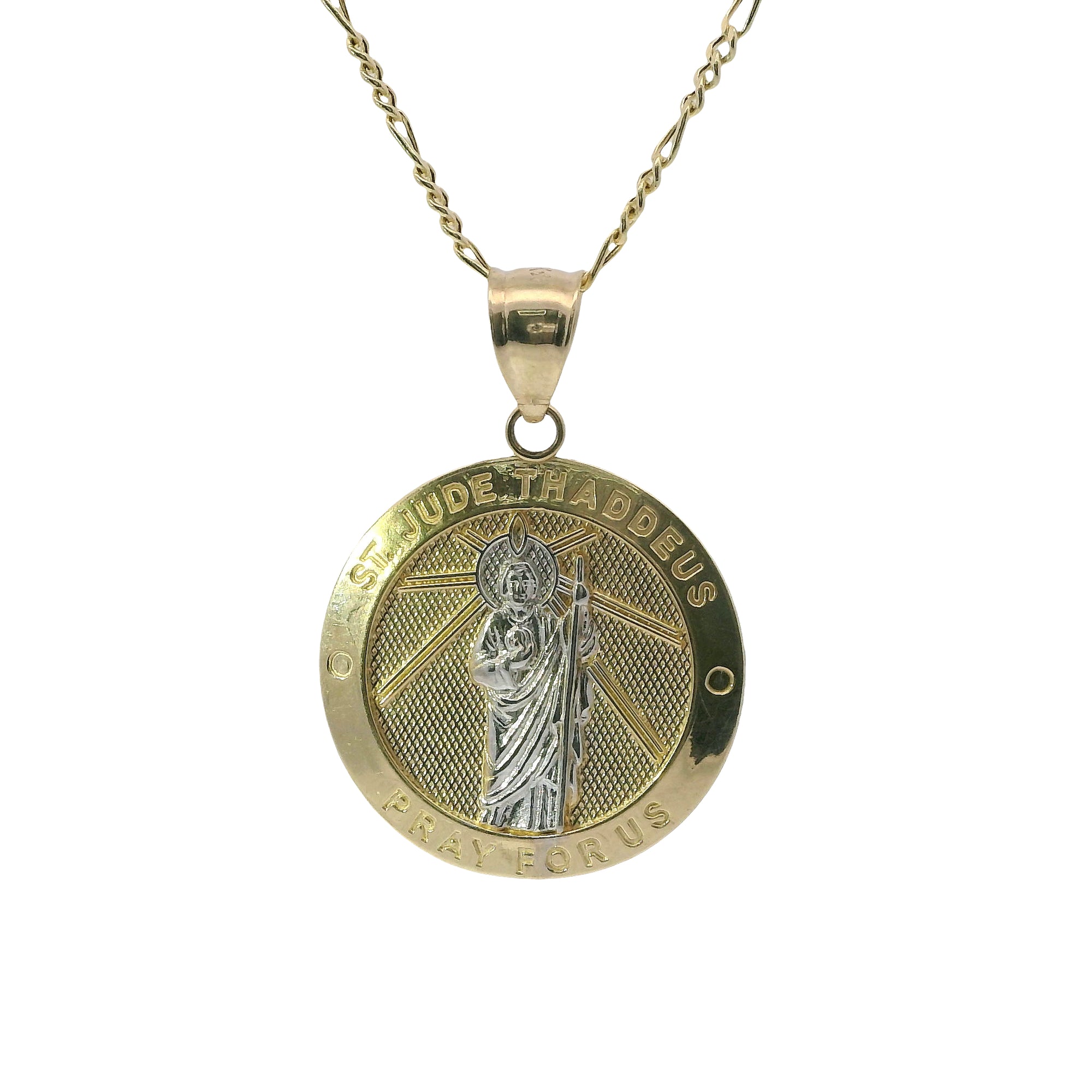 14KT Gold Charm Large Two Tone St Jude Coin with "PRAY FOR US" Border and Plain Bell