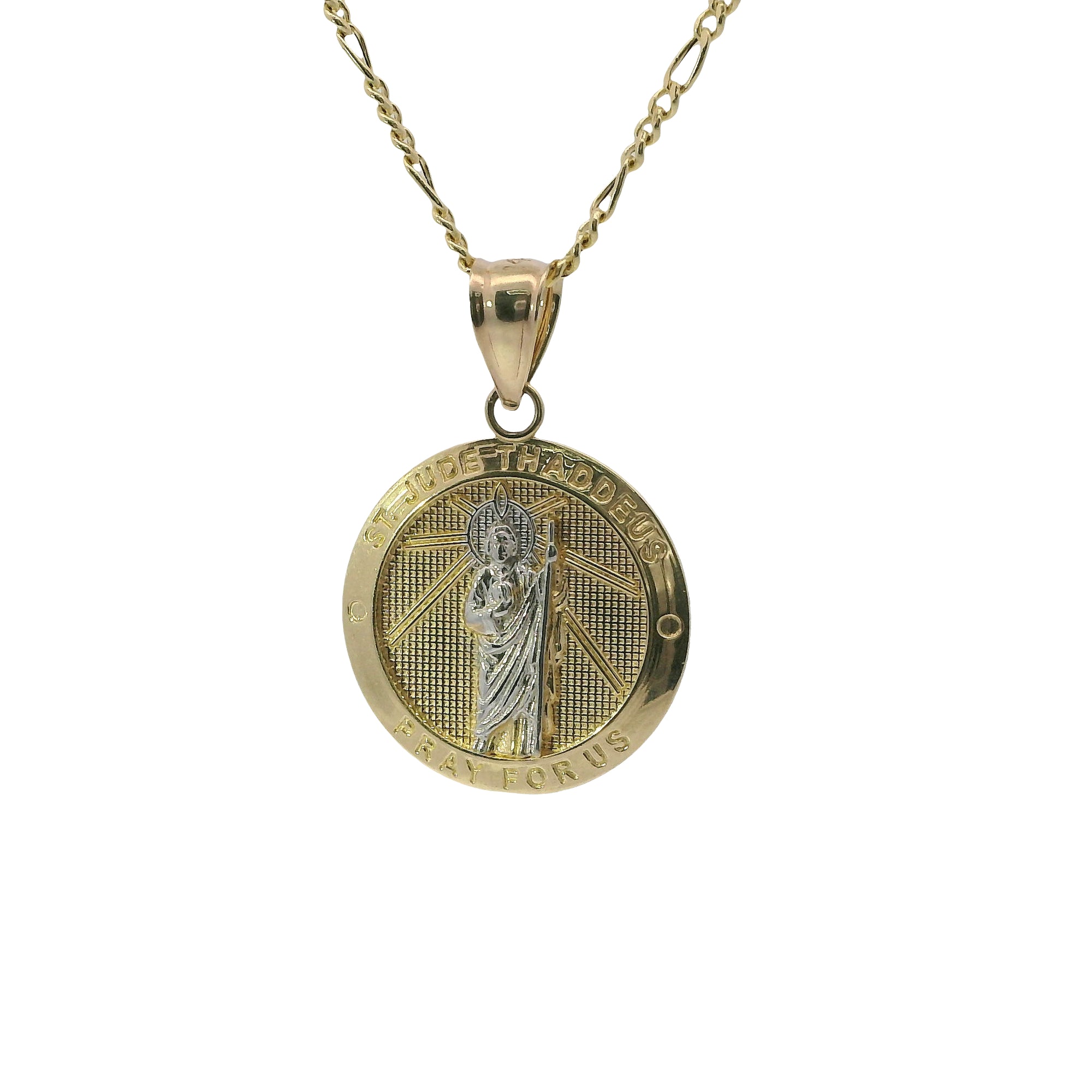 14KT Gold Charm Medium Two Tone St Jude Coin with "PRAY FOR US" Border and Plain Bell