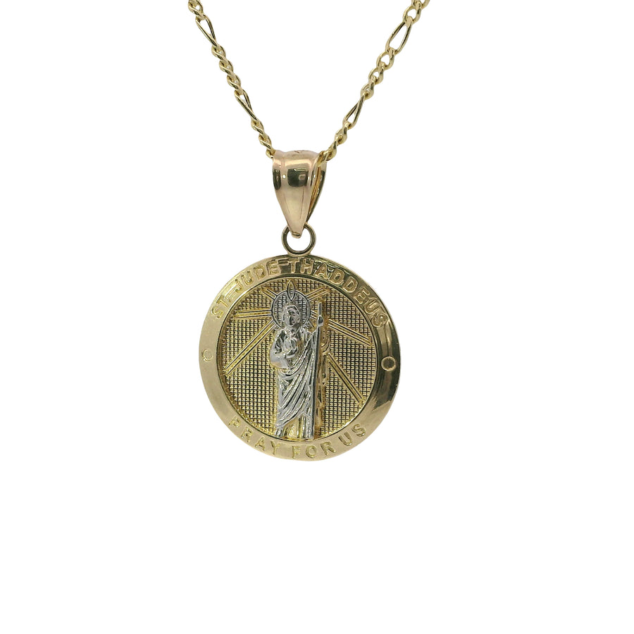 14KT Gold Charm Medium Two Tone St Jude Coin with "PRAY FOR US" Border and Plain Bell