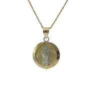 14KT Gold Charm Small Two Tone St Jude Coin with "PRAY FOR US" Border and Plain Bell