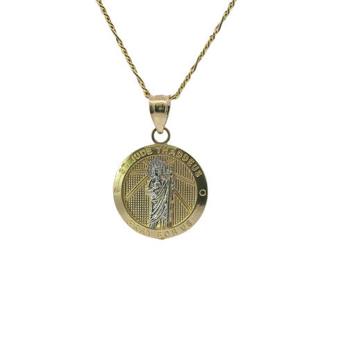 14KT Gold Charm Small Two Tone St Jude Coin with "PRAY FOR US" Border and Plain Bell
