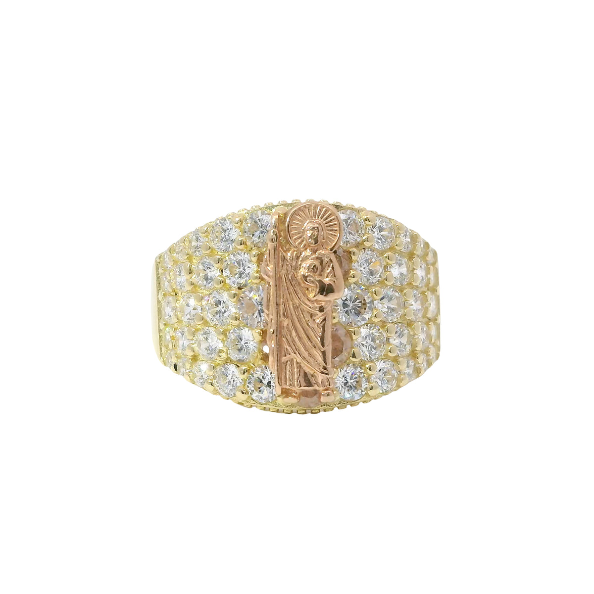 14KT Gold Ring Women's Two Tone St Jude with Five Row White CZ Stone Background