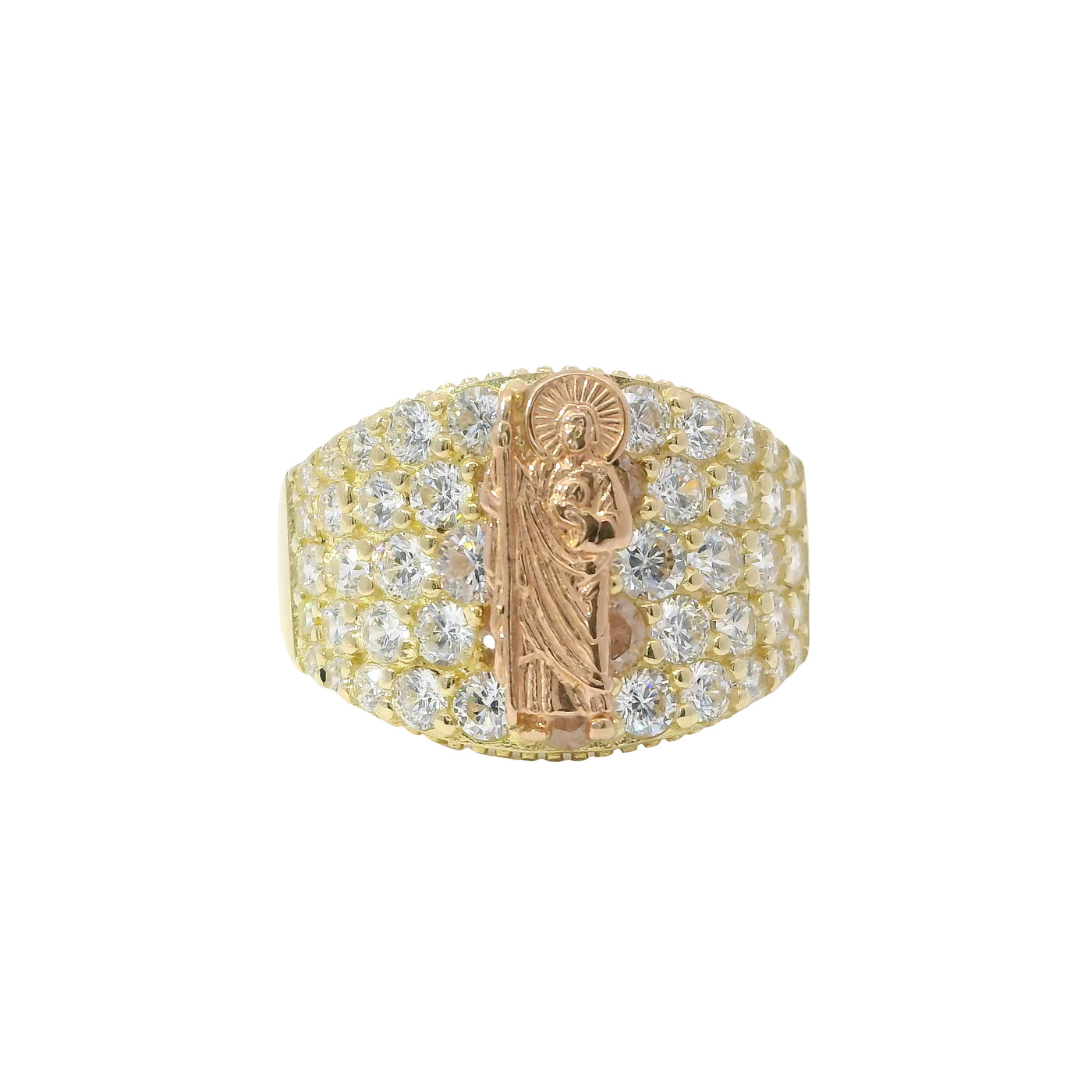 14KT Gold Ring Women's Two Tone St Jude with Five Row White CZ Stone Background