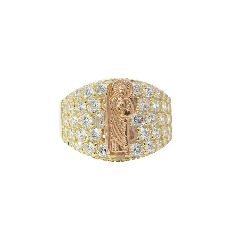 14KT Gold Ring Women's Two Tone St Jude with Five Row White CZ Stone Background