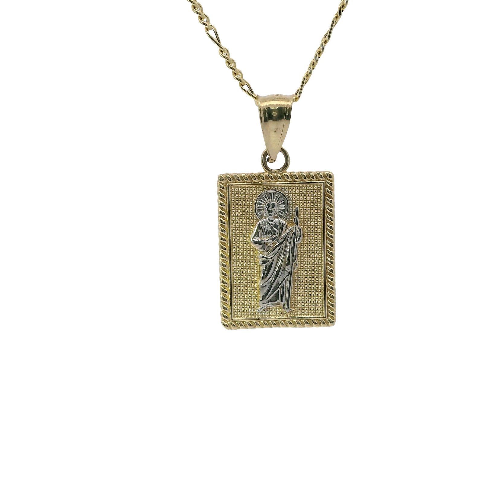14KT Gold Charm Small Two Tone Square St Jude Coin with Beaded Border and Plain Bell