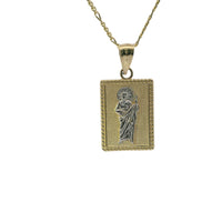 14KT Gold Charm Small Two Tone Square St Jude Coin with Beaded Border and Plain Bell