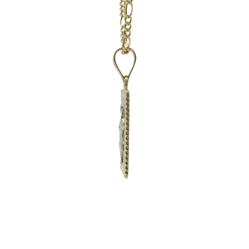 14KT Gold Charm Small Two Tone Square St Jude Coin with Beaded Border and Plain Bell