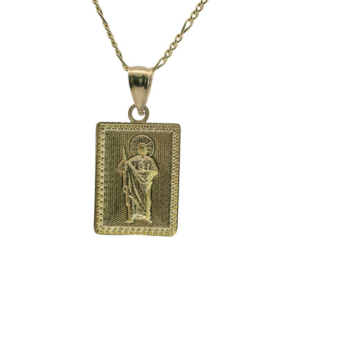14KT Gold Charm Small Two Tone Square St Jude Coin with Beaded Border and Plain Bell