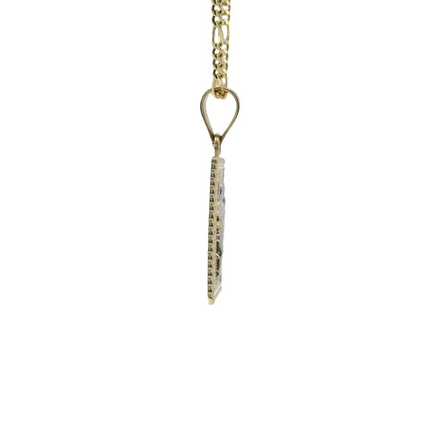 14KT Gold Charm Small Two Tone Square St Jude Coin with Beaded Border and Plain Bell