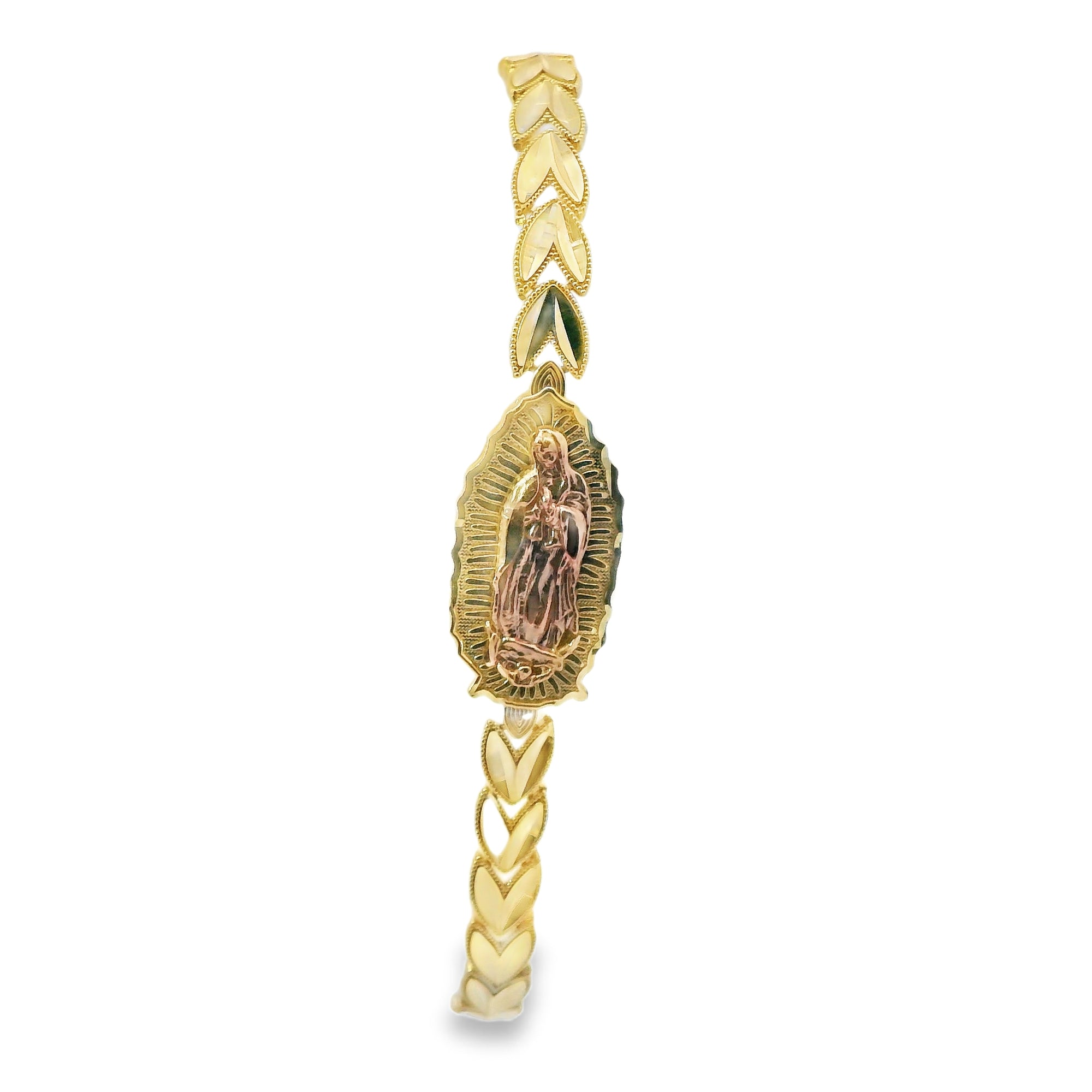 14KT Gold Bracelet Women's Two Tone Vertical Sunray Virgin Mary Plaque with Diamond Cut Jumbo Wheat Shape Link and Lobster Clasp