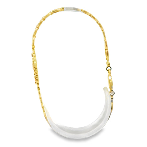 14KT Gold Bracelet Women's Two Tone Vertical Sunray Virgin Mary Plaque with Diamond Cut Jumbo Wheat Shape Link and Lobster Clasp