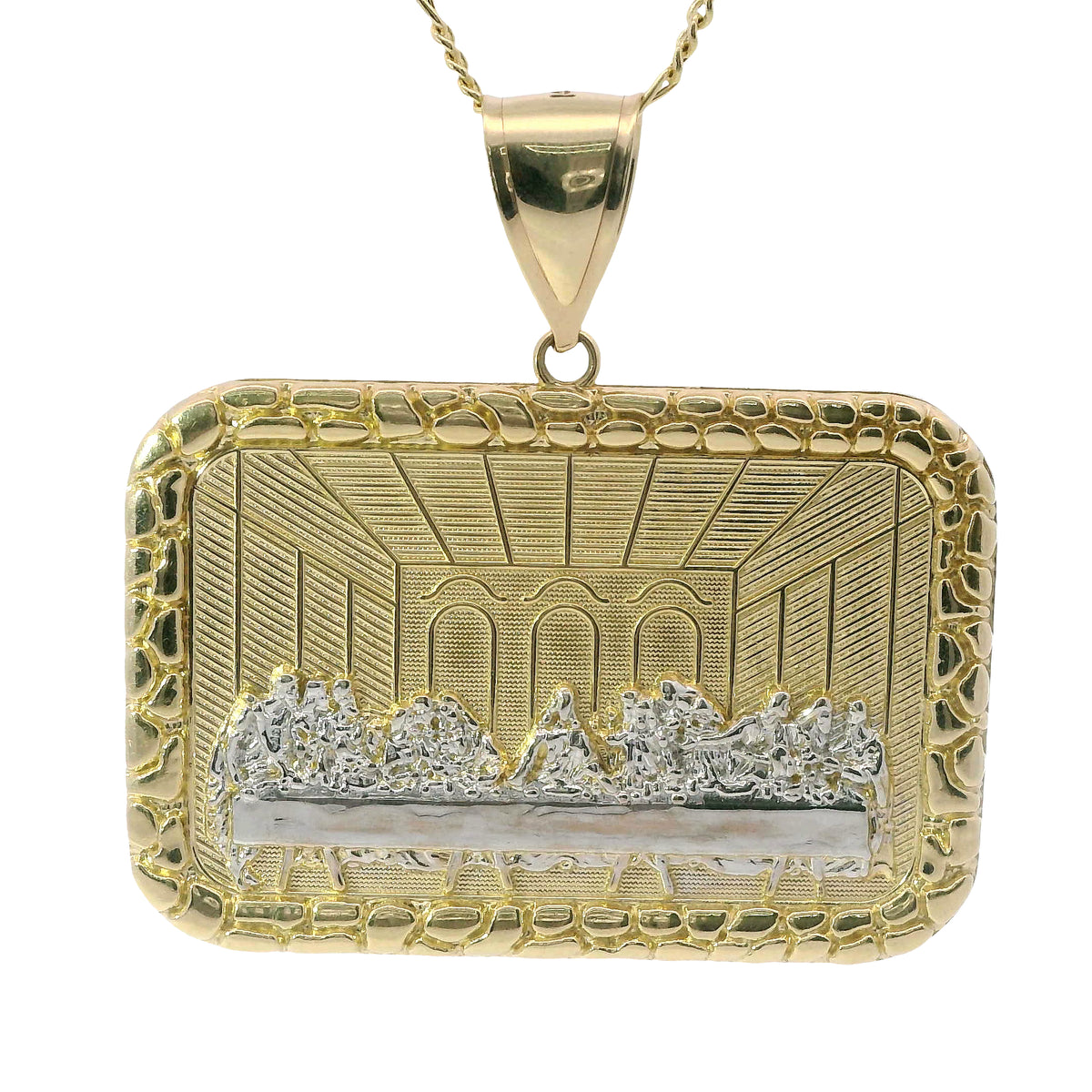 14KT Gold Charm 2XL Rectangle Two Tone Last Supper with Nugget Frame and Plain Bell