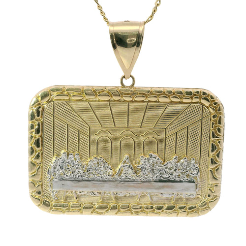 14KT Gold Charm 2XL Rectangle Two Tone Last Supper with Nugget Frame and Plain Bell