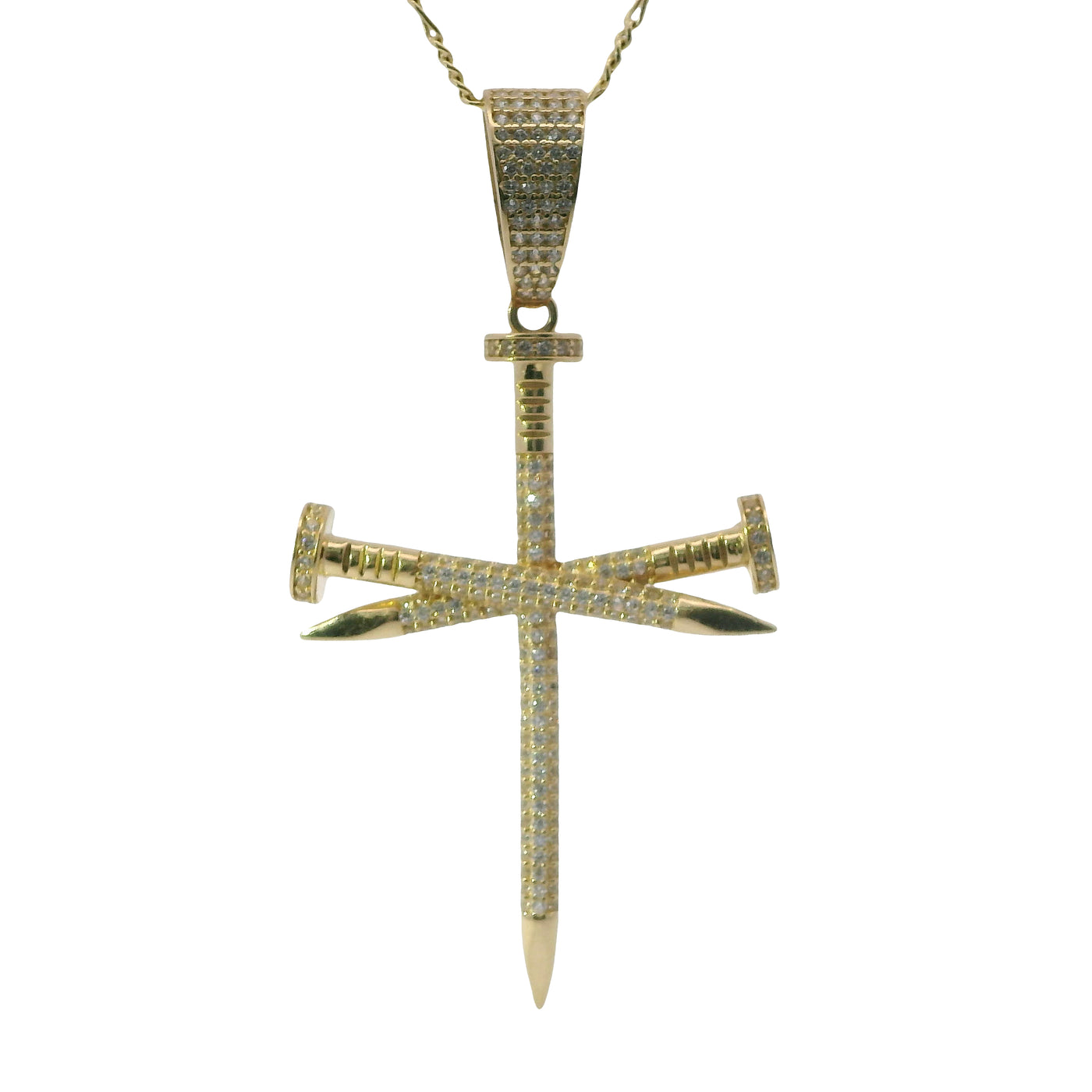 14KT Gold Charm 2XL Triple White CZ Stones Nail Cross with White CZ Stones Bell