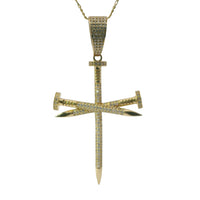 14KT Gold Charm 2XL Triple White CZ Stones Nail Cross with White CZ Stones Bell
