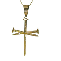 14KT Gold Charm 2XL Triple White CZ Stones Nail Cross with White CZ Stones Bell