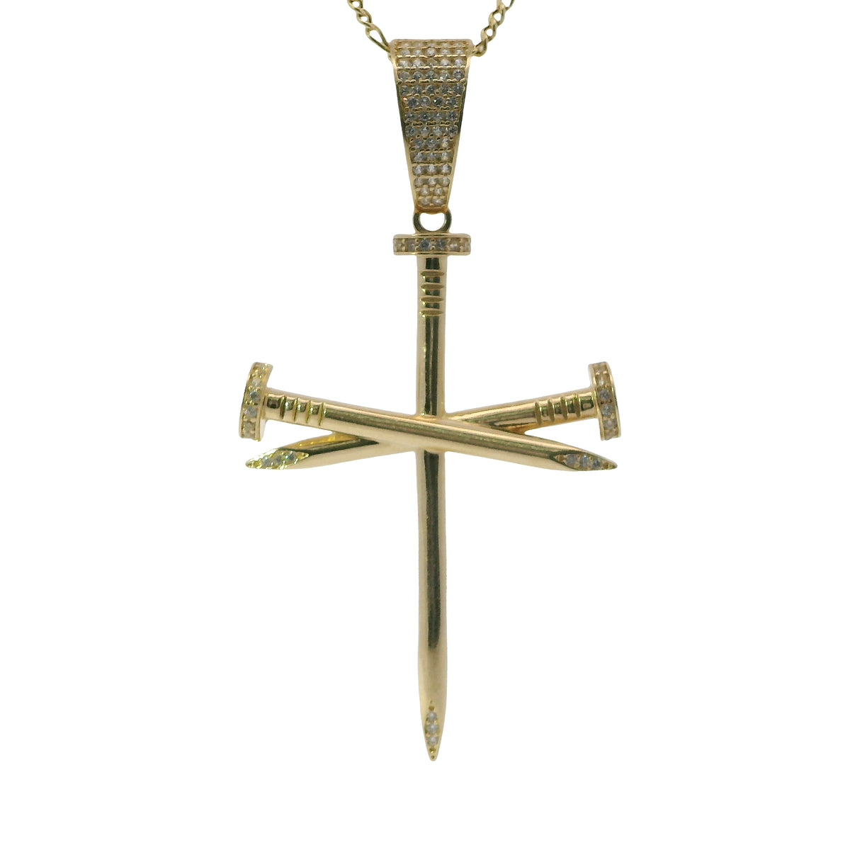 14KT Gold Charm 2XL Triple Nail Cross with White CZ Stones Nail Heads and Bell