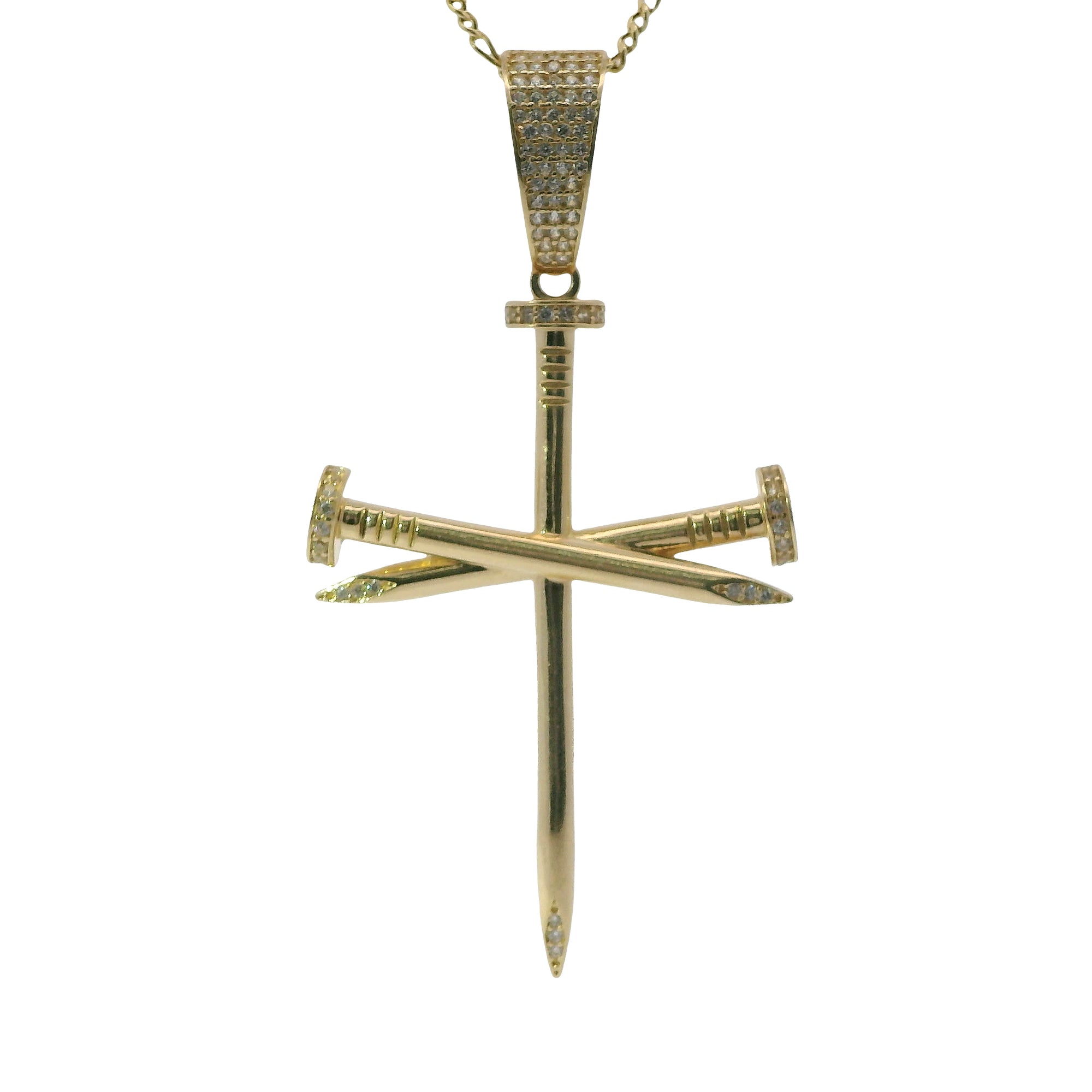 14KT Gold Charm 2XL Triple Nail Cross with White CZ Stones Nail Heads and Bell