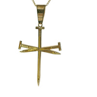 14KT Gold Charm 2XL Triple Nail Cross with White CZ Stones Nail Heads and Bell