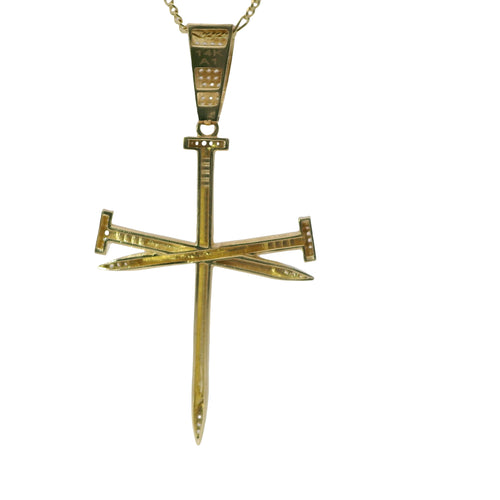 14KT Gold Charm 2XL Triple Nail Cross with White CZ Stones Nail Heads and Bell