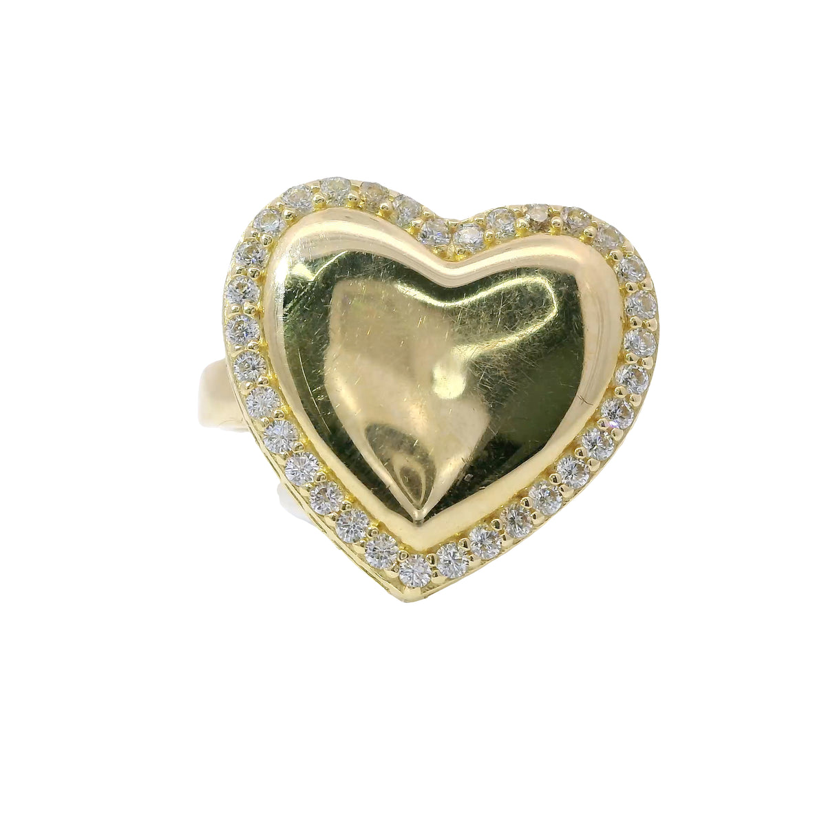 14KT Gold Ring Women's 3D Heart Box Plain Puff Center with White CZ Stones Border and Single Row of White CZ Stones Edge and Plain Band