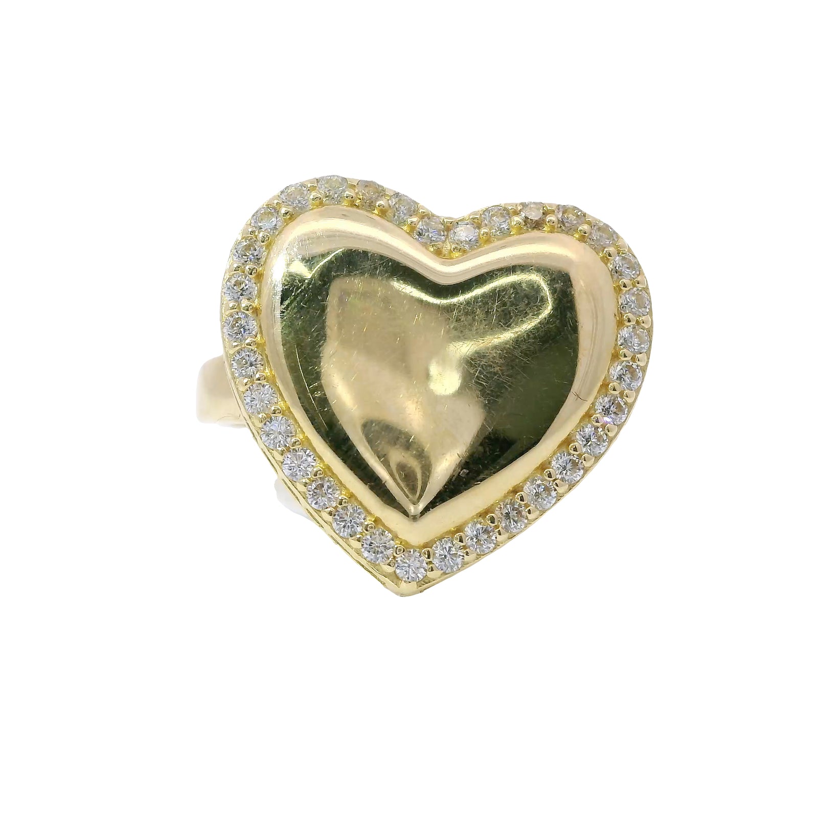 14KT Gold Ring Women's 3D Heart Box Plain Puff Center with White CZ Stones Border and Single Row of White CZ Stones Edge and Plain Band
