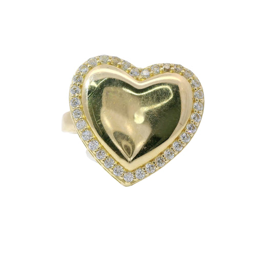 14KT Gold Ring Women's 3D Heart Box Plain Puff Center with White CZ Stones Border and Single Row of White CZ Stones Edge and Plain Band