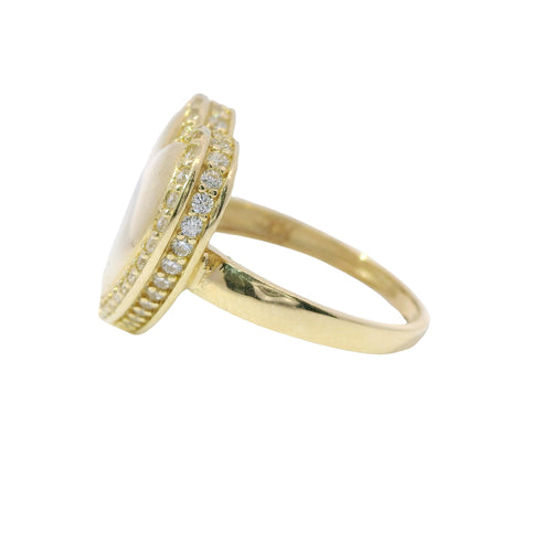 14KT Gold Ring Women's 3D Heart Box Plain Puff Center with White CZ Stones Border and Single Row of White CZ Stones Edge and Plain Band